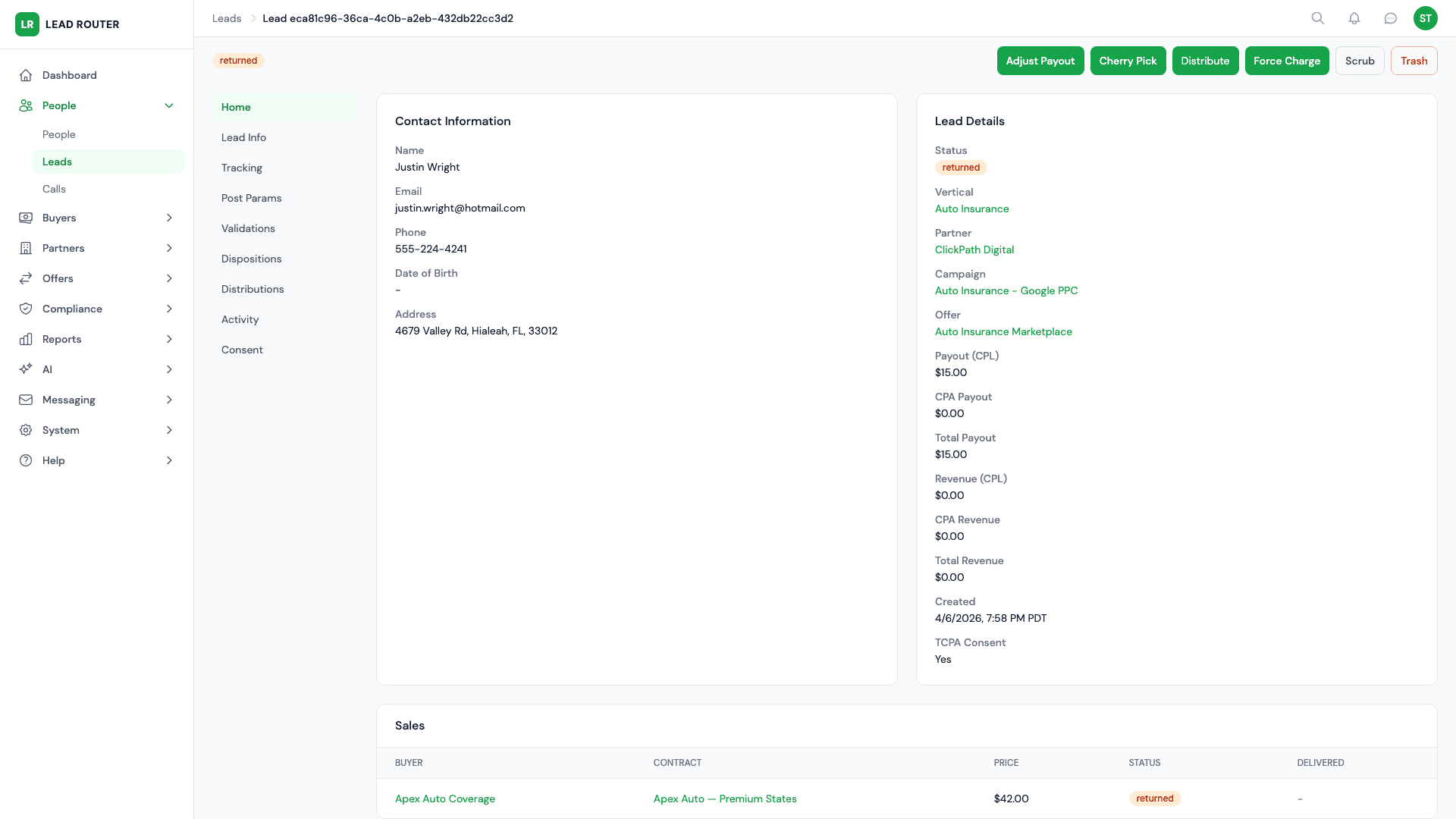 Lead detail view showing contract matches, delivery responses, and full audit trail for lead routing