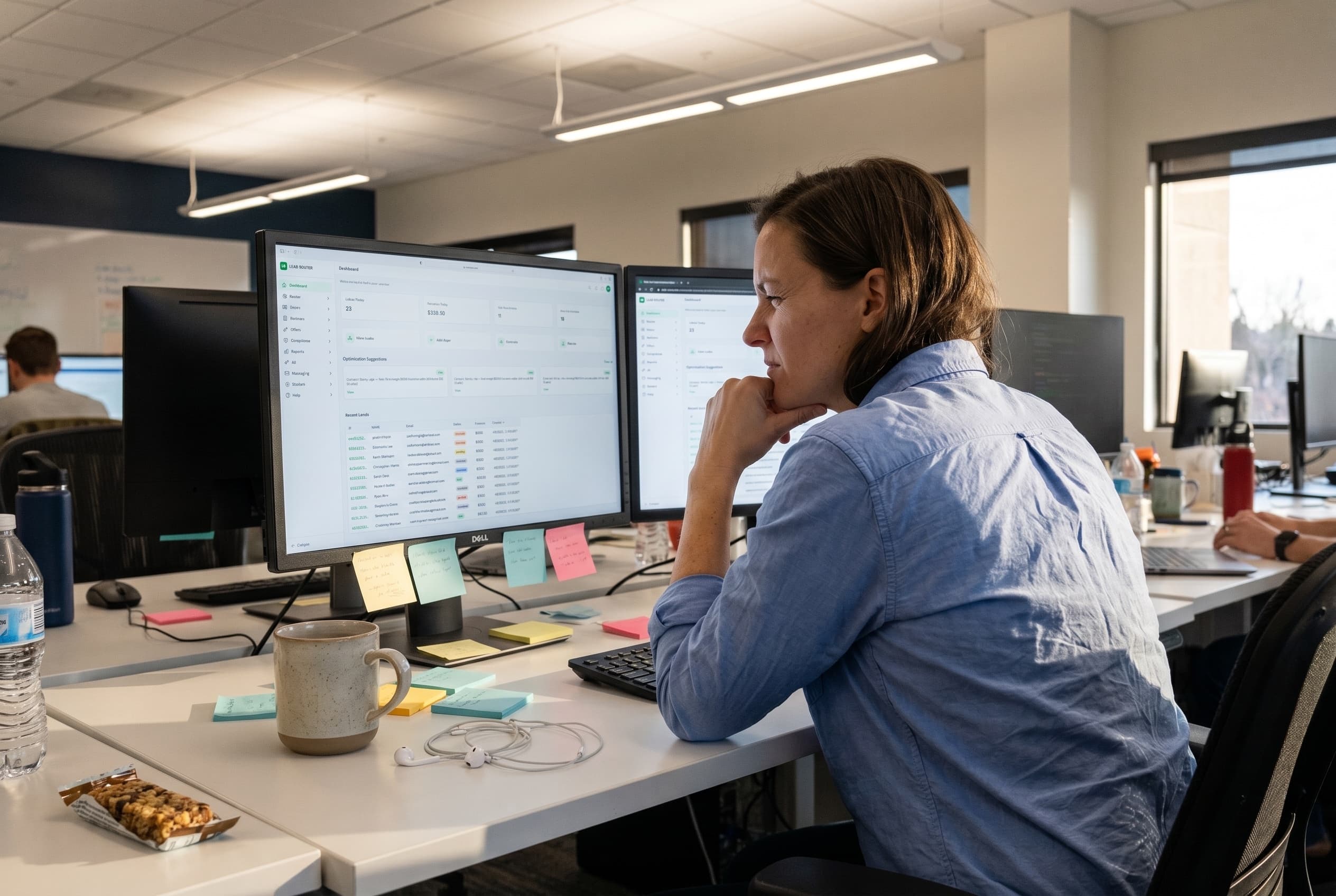 Sales operations lead at her desk with dual monitors, one showing the Lead Router dashboard