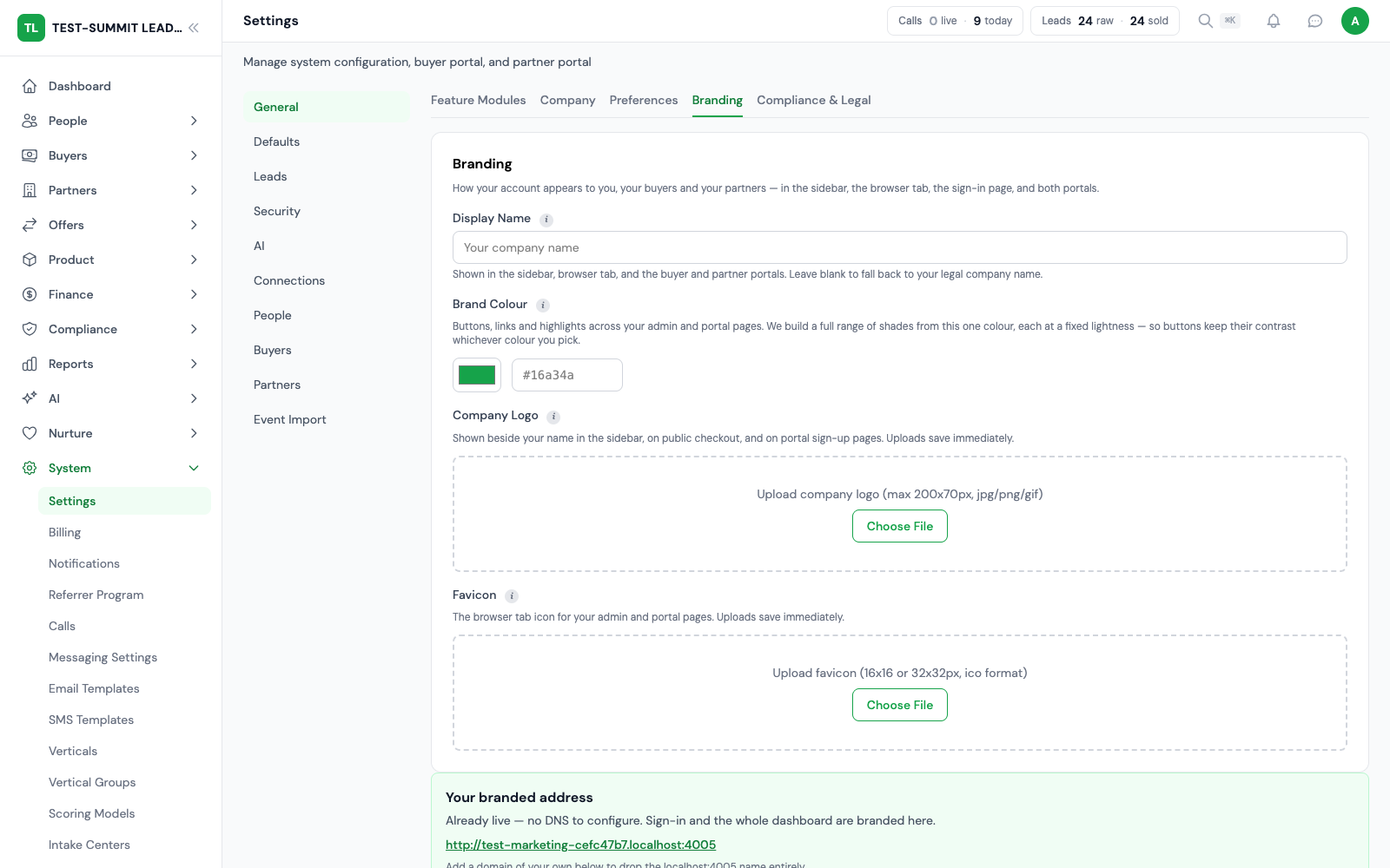 Make the workspace feel like your business. Branding settings control the identity presented to your users.
