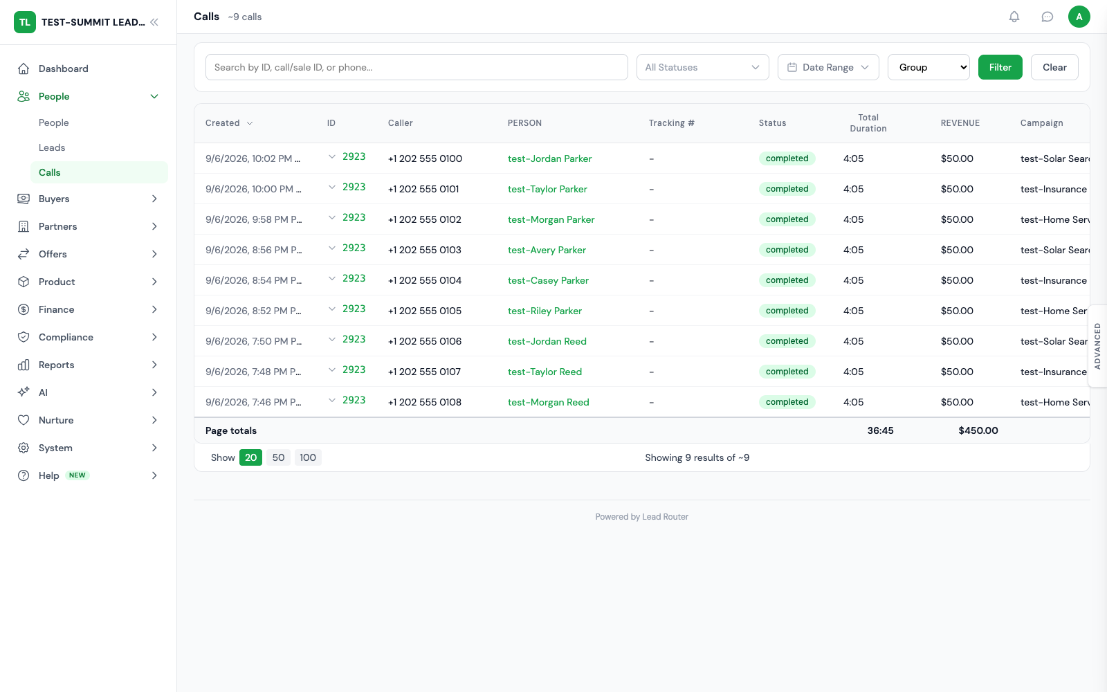 Bring call activity into view. The call list shows source and outcome information for fictional calls in the sample network.