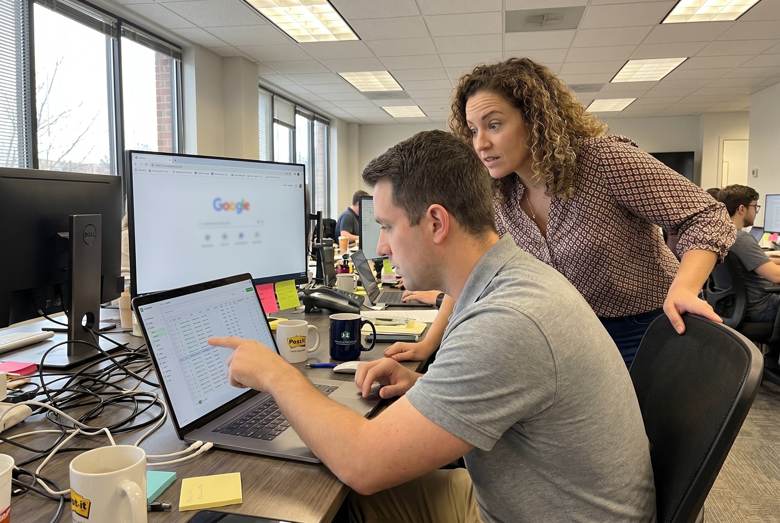 Colleagues reviewing a buyer list on a laptop