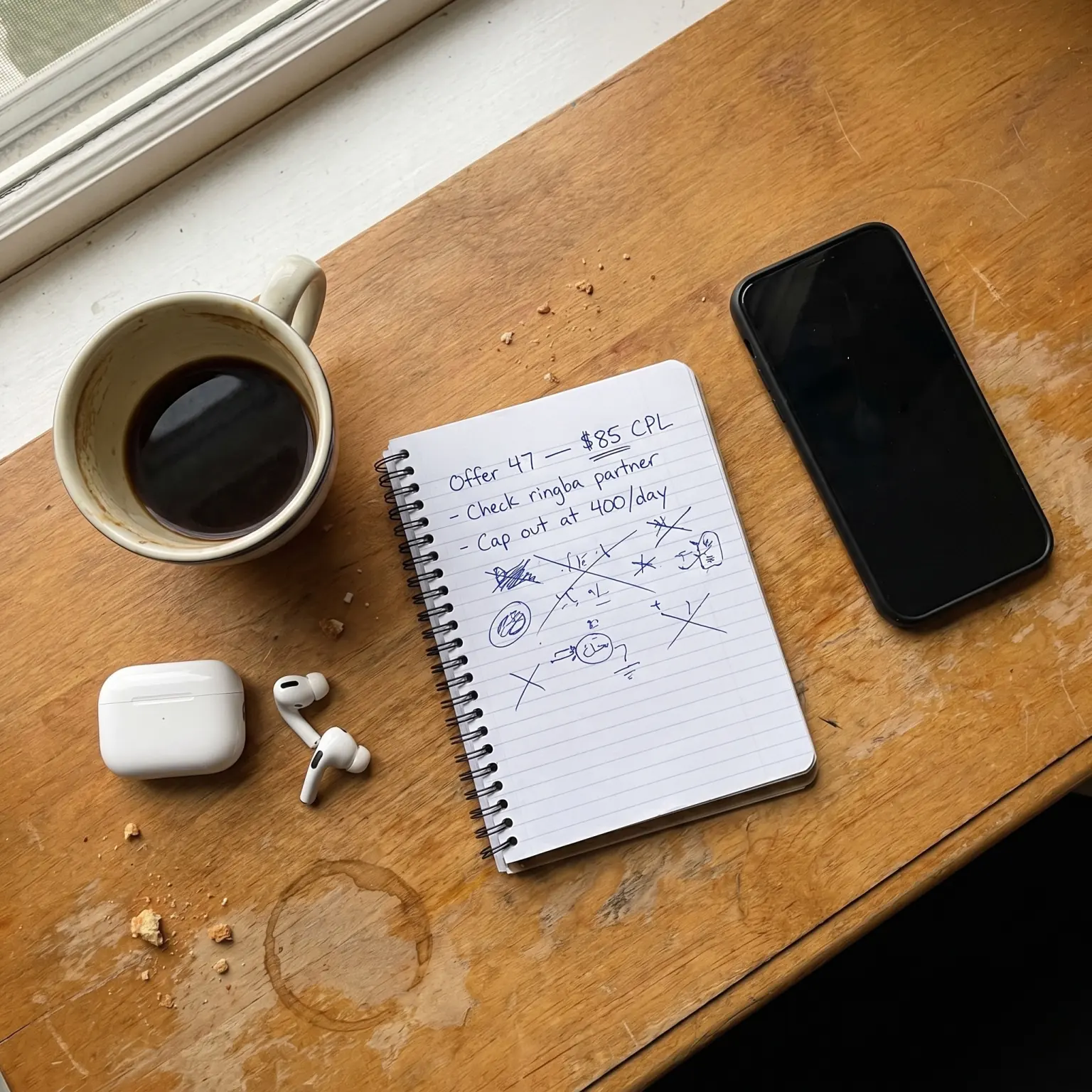 Overhead view of a notepad with handwritten lead-gen notes, coffee, and AirPods on a wood desk