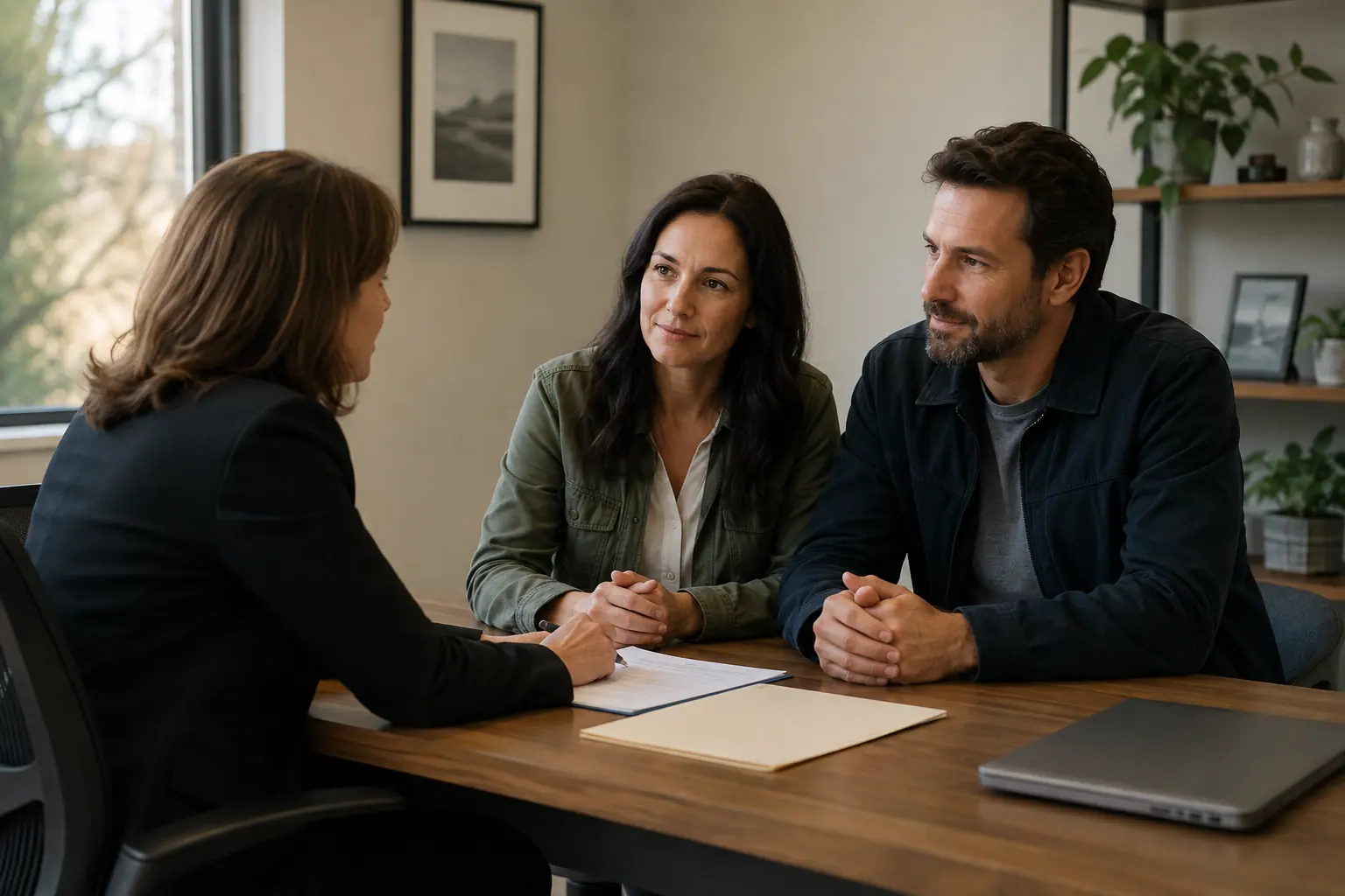 Illustrative scene of an adviser reviewing documents with a couple