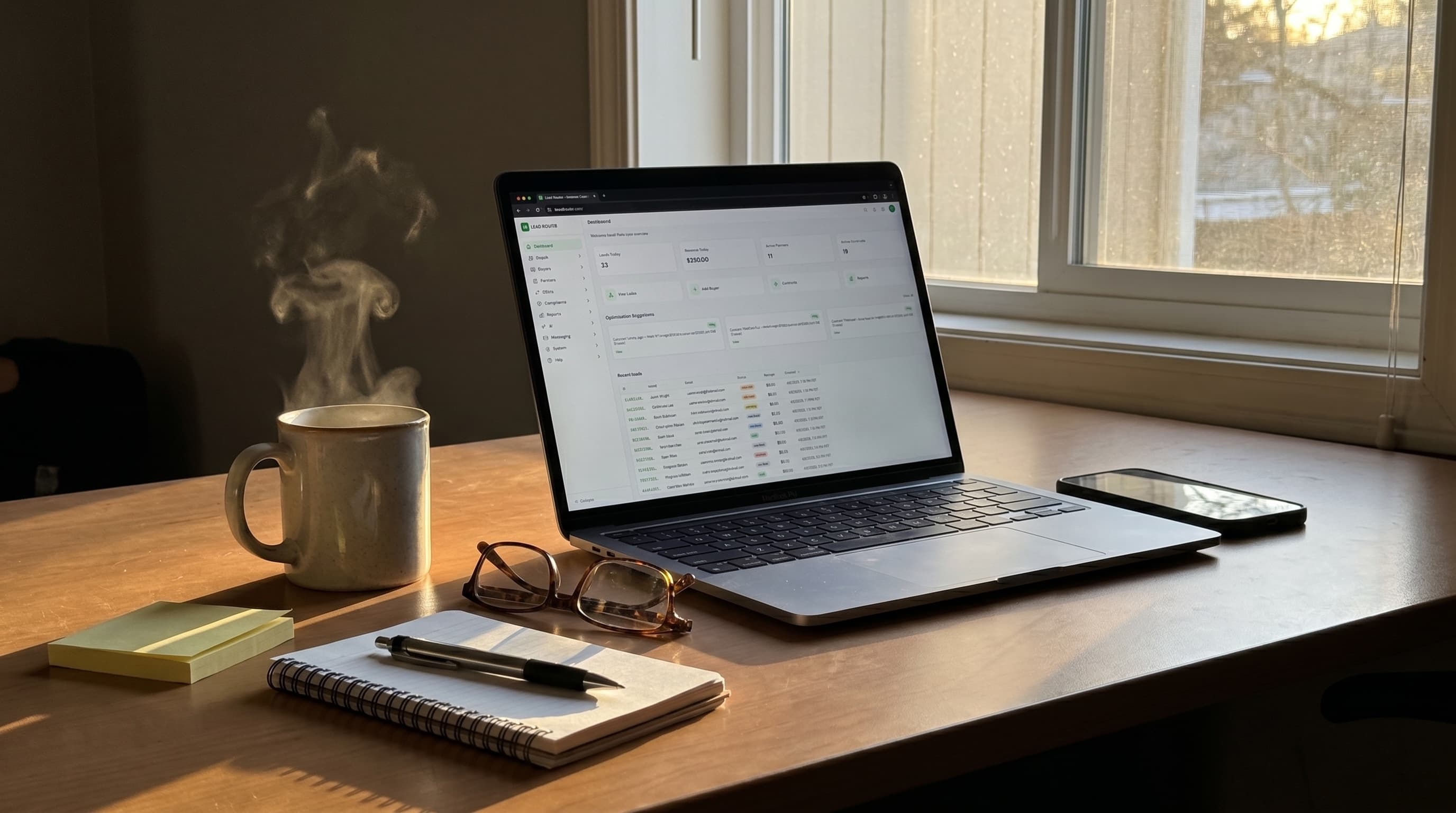 Empty home office desk at golden hour with Lead Router dashboard open on a laptop