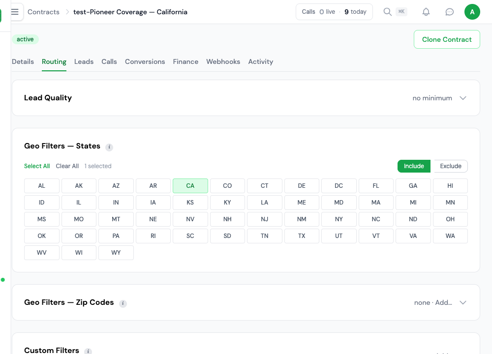 Make territory and capacity explicit. An insurance contract in the sample workspace, showing its targeting controls.