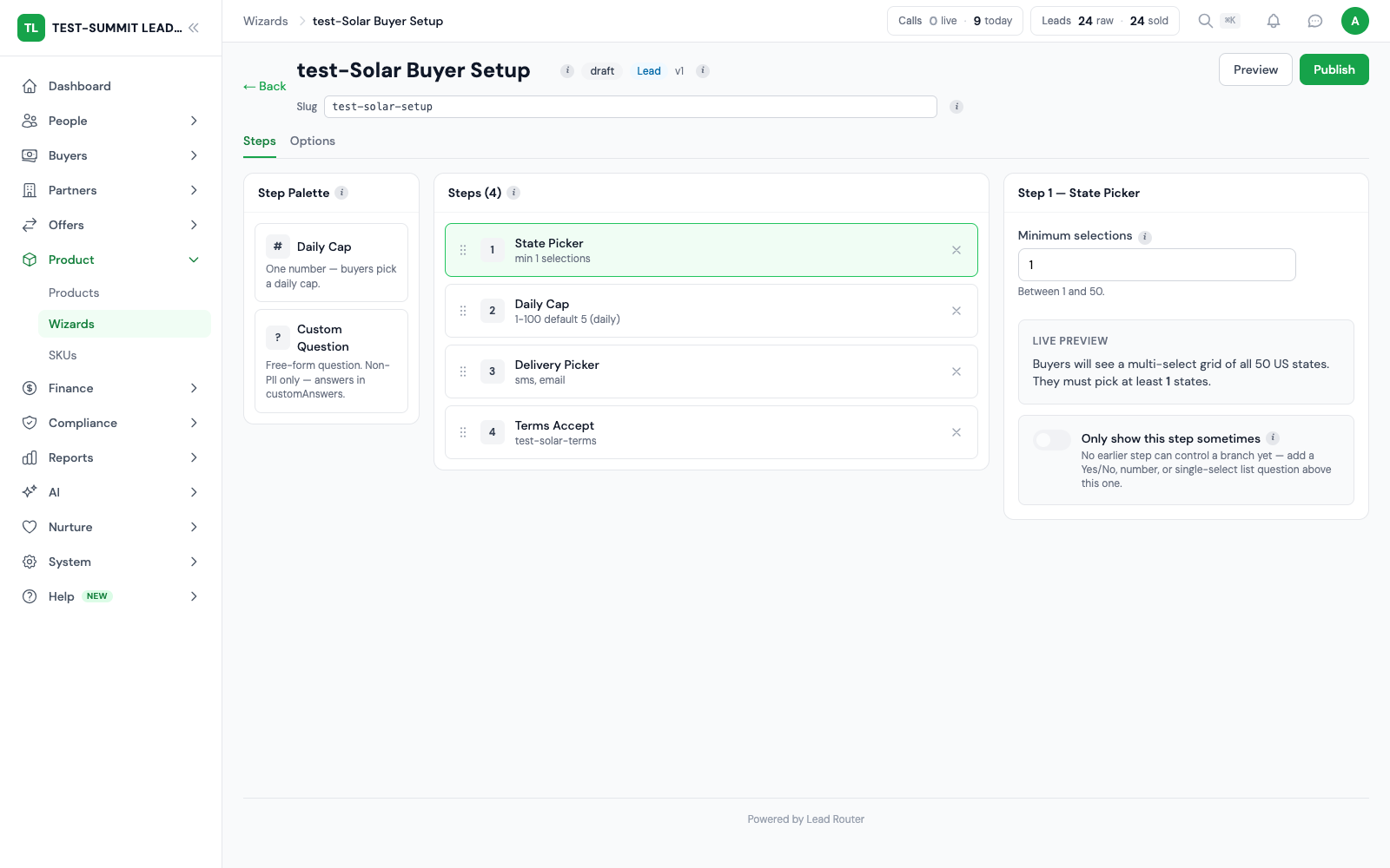 Build the setup your buyers follow. In the wizard workspace, you build the setup flows attached to your offers and purchases.