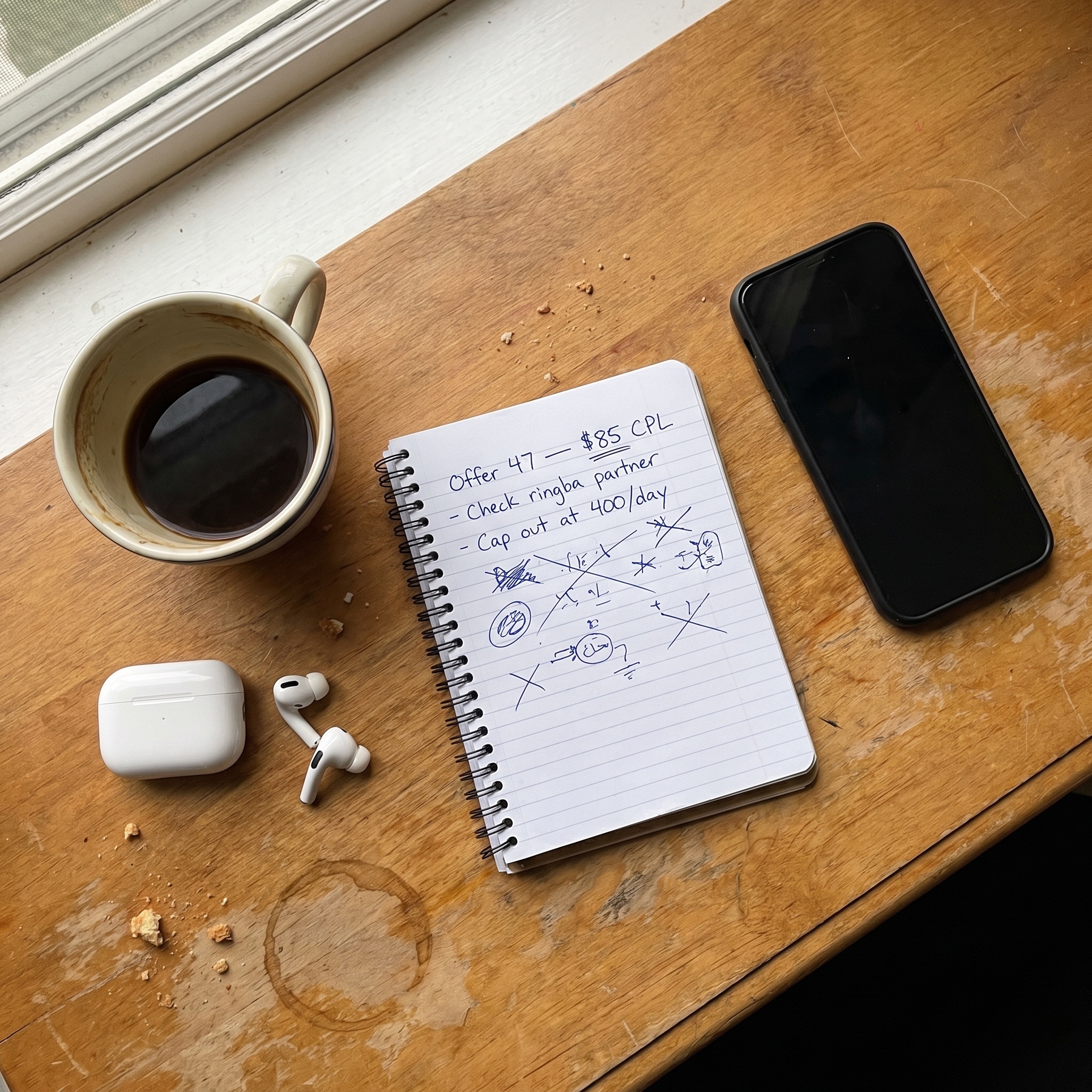 Overhead view of a notepad with handwritten lead-gen notes, coffee, and AirPods on a wood desk